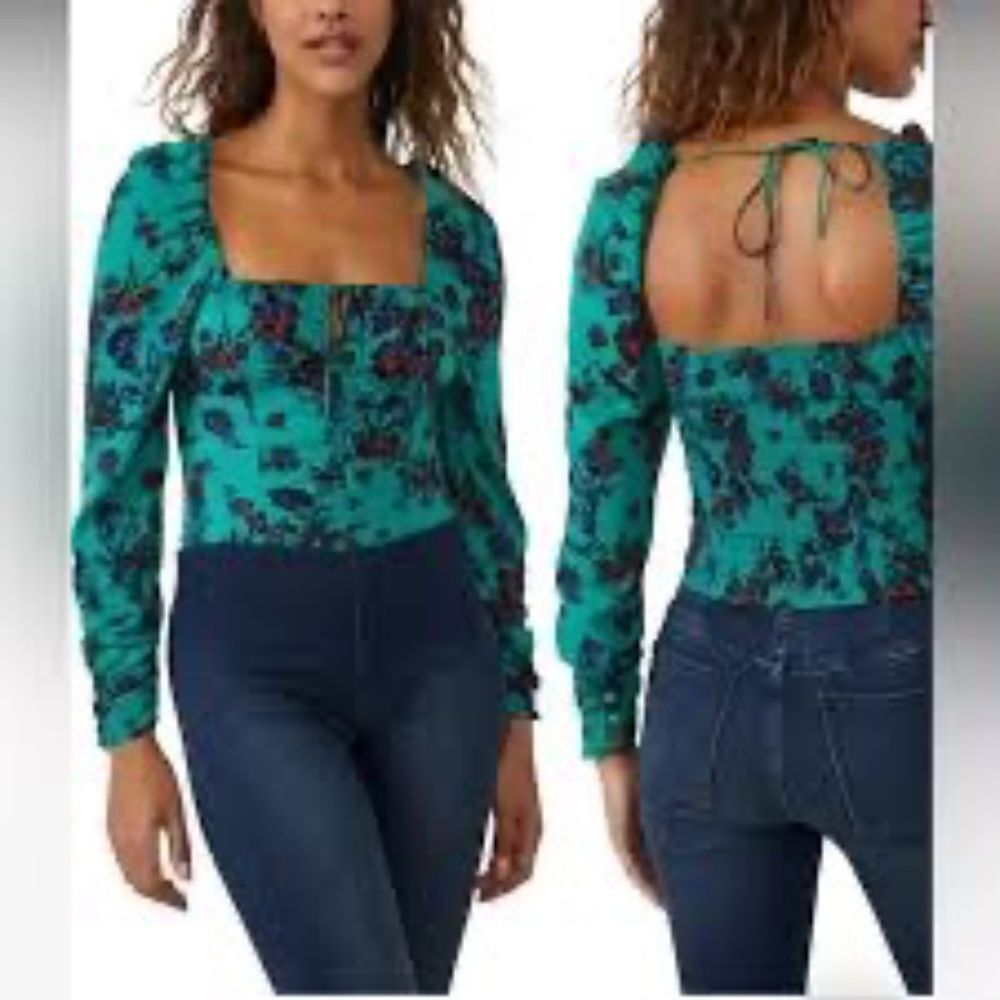 Free People Hilary Women's‎ Top Vibrant Green Print Square Neck Cropped Sz L